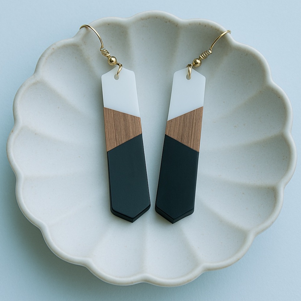 Geometric Wood Dangle Earrings - Picture 2 of 11